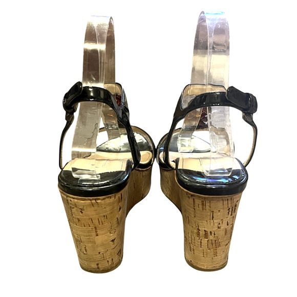Prada 10 Chain Link Platform Cork Wedges Patent Leather T-Strap Sandals Black 40 - Picture 9 of 13
